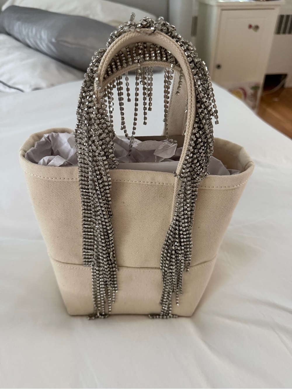 Canvas Tote Bag with Rhinestone Fringe Handles - Cream-NWT